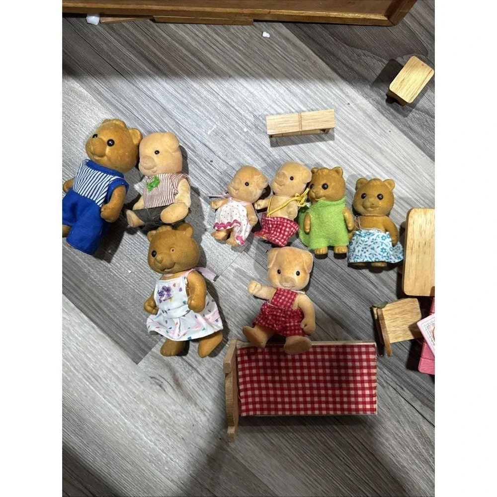Vintage Wooden Dollhouse Lot with Flocked Bear Pig Figures Furniture Tea Set